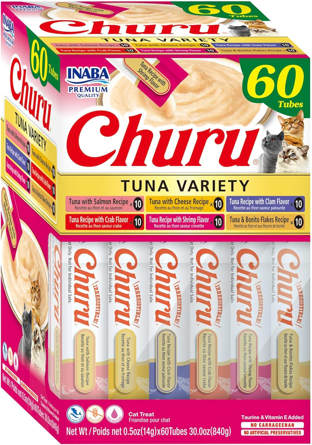 inaba-churu-cat-treats-lickable-squeezable-creamy-puree-cat-treat-with-green-tea-extract-taurine-0-5-ounces-each-tube-40-tubes-tuna-variety-box