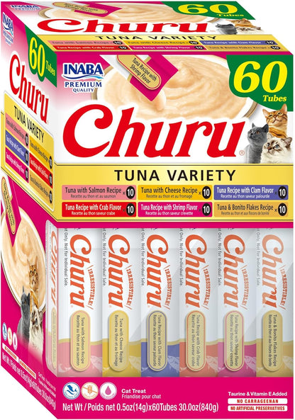 INABA Churu Cat Treats, Lickable, Squeezable Creamy Purée Cat Treat with Green Tea Extract & Taurine, 0.5 Ounces Each Tube, 40 Tubes, Tuna Variety Box12