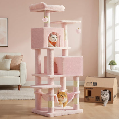 Feandrea Cat Tree, 59.5-Inch Tall Cat Tower, Plush Multi-Level Condo with 5 Scratching Posts, 2 Perches, 2 Caves, Hammock, 2 Pompoms, Light Gray UPCT192W0119