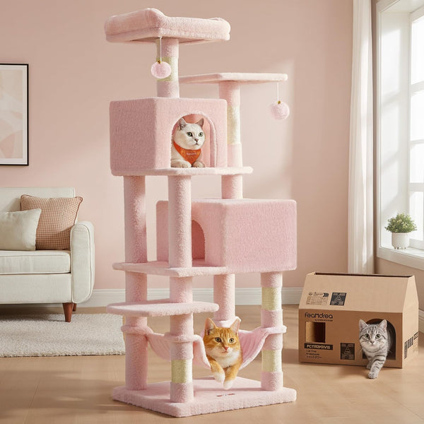 Feandrea Cat Tree, 59.5-Inch Tall Cat Tower, Plush Multi-Level Condo with 5 Scratching Posts, 2 Perches, 2 Caves, Hammock, 2 Pompoms, Light Gray UPCT192W0119