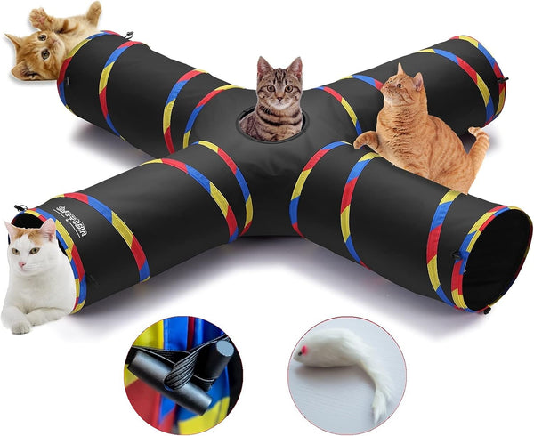 4 Way Large Cat Tunnels for Indoor Cats - 10" Diameter & 47" Long Play Tunnel Toy - Cat Tube with Play Ball & Mouse Toy - Interactive Peephole (Black)1
