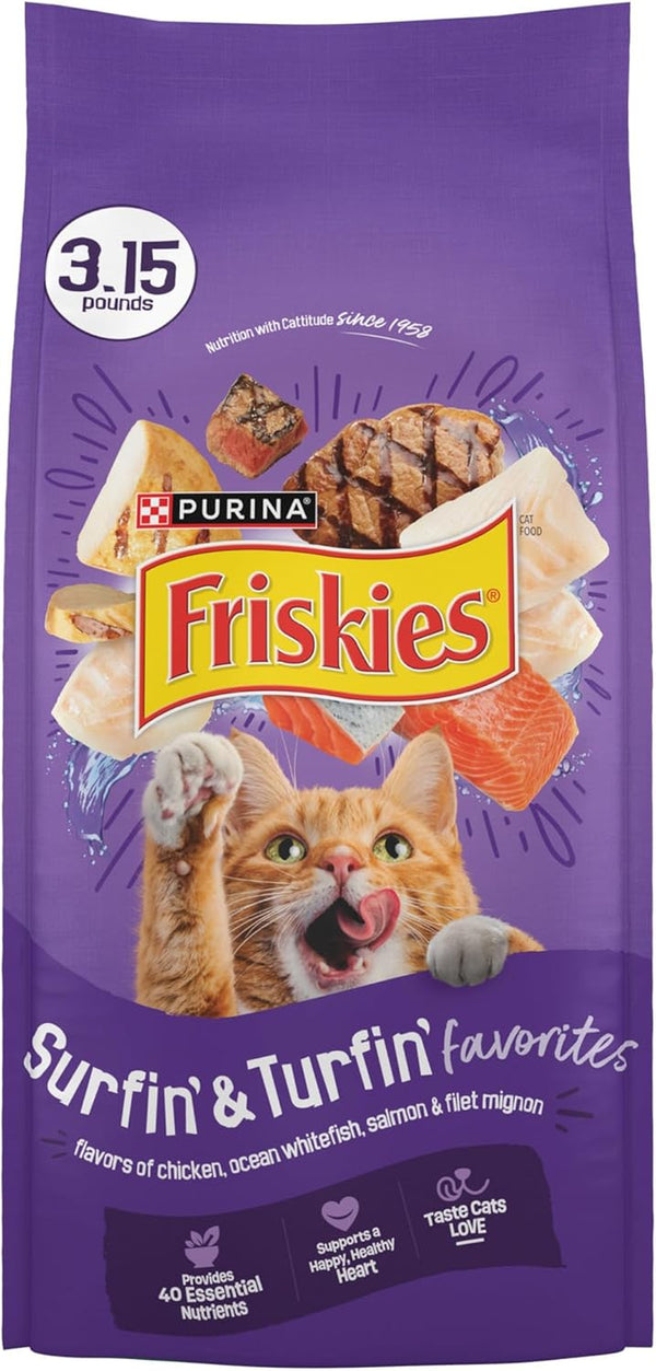 Purina Friskies Cat Food Surfin and Turfin Favorites Flavors of Chicken, Whitefish, Salmon and Filet Mignon - (Pack of 4) 3.15 Lb. Bags1