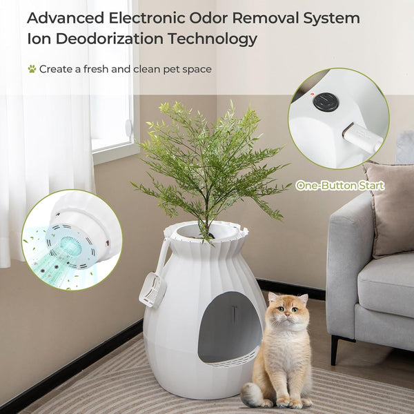 Giantex Cat Litter Box Plant - Hidden Litter Box Furniture with Electronic Odor Removal System, Detachable Door Curtain, Scoop, Cat Litter Box Enclosure Planter Home Decor, Easy to Clean (White)3
