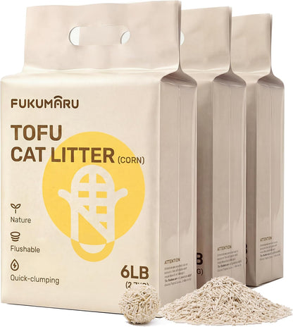 FUKUMARU Tofu Cat Litter - Natural Lightweight Unscented Cat Litter Pellets, 99.9% Dust Free Quick Clumping, Effective Odor Control, Flushable, Low Tracking, 18 LBS (3 Packs)1