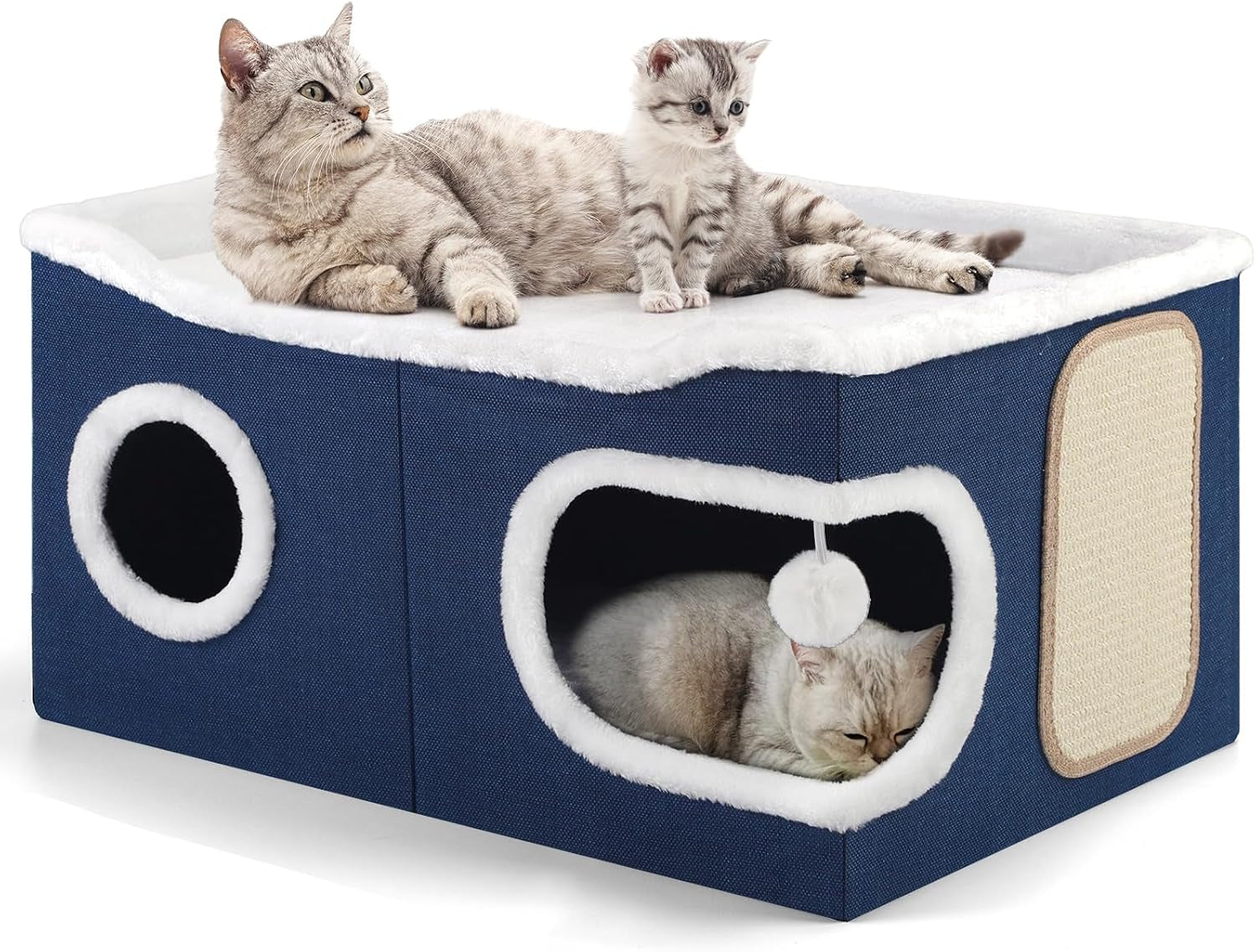 shikha-cat-house-bed-for-indoor-cats-with-fluffy-ball-and-scratch-pad-grey-foldable-large-cat-cave-hideaway-with-cozy-condo-hide-and-seek-window-holds-up-to-30lbs-all-season-reversible-cushion