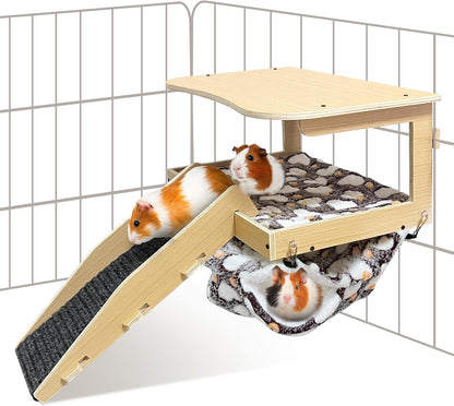 Guinea Pig Hideout，Natural Wood Removable Guinea Pig Bed, Small Animal Habitat with Hanging Hammock/Staircase/Cushion, Suitable for Small Animals to Hide, Rest, Play1