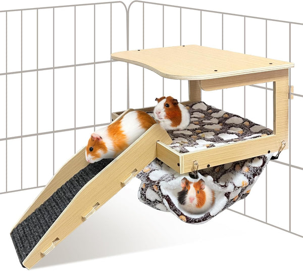Guinea Pig Hideout，Natural Wood Removable Guinea Pig Bed, Small Animal Habitat with Hanging Hammock/Staircase/Cushion, Suitable for Small Animals to Hide, Rest, Play1