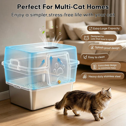 Stainless Steel Enclosed Litter Box for Large Cats, XXL Covered Cat Litter Box with Lid, Leakproof High Sided Metal Cat Litter Box, Easy to Clean, Odor Resistant, Multi-Cat Home(Black)2