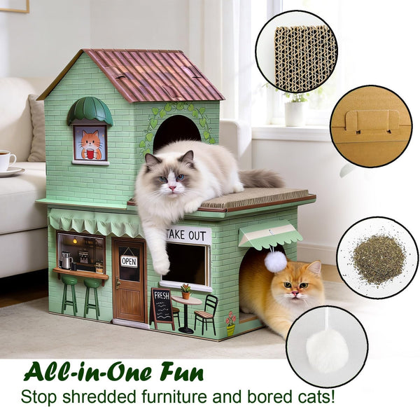 Cardboard Cat Scratcher House, Double Layer Coffee Shop Design, Sage Green, 5-Layer Corrugated, Window Cutouts, 4 Scratching Boards, Plush Ball & Catnip, Indoor Multi Cat House for Cats up to 20 Lbs5