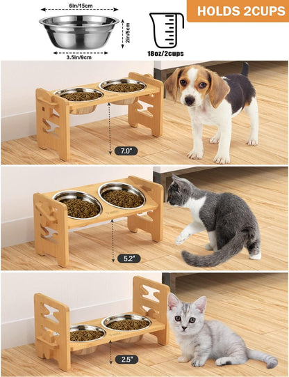 Vantic Elevated Dog Bowls, Raised Dog Bowl Stand Adjustable Small, Natural | Bamboo Elevated Feeder with 2 Stainless Steel Bowls, Adjustable Height Stand for Small Puppies and Cats2