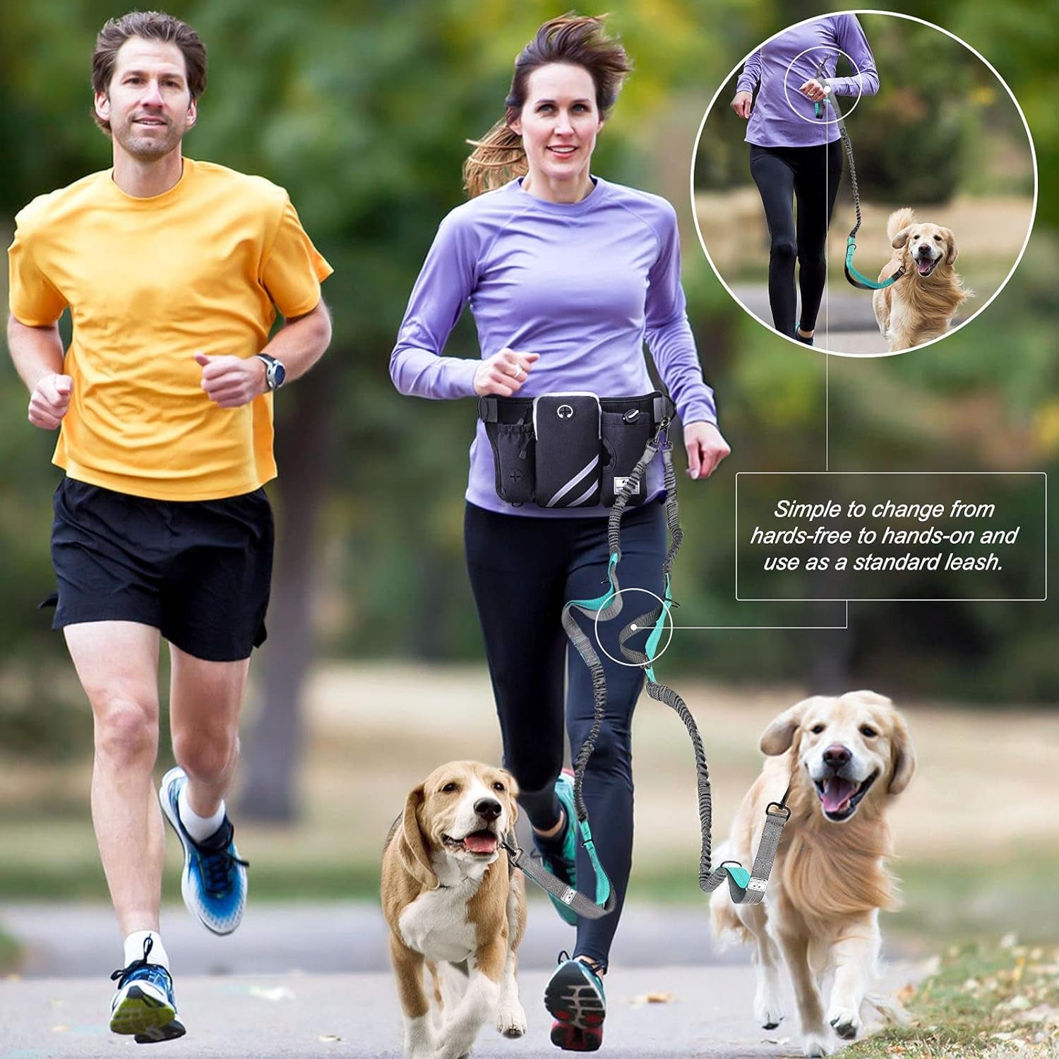 shine-hai-retractable-hands-free-dog-leash-with-dual-bungees-for-2-dogs-adjustable-waist-belt-fanny-pack-reflective-stitching-leash-for-running-walking-hiking-jogging-biking-black