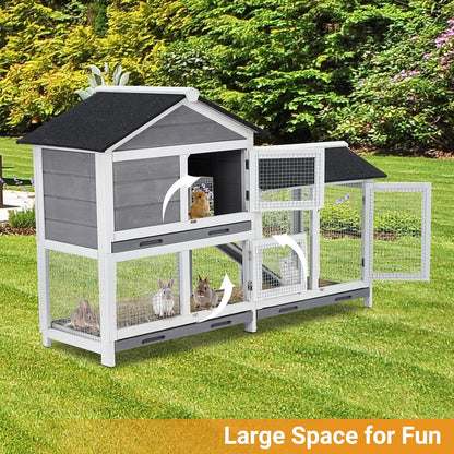 Garvee 58'' Bunny Hutch Indoor Bunny Cage, with 3 Removable Trays | Wooden Waterproof Roof Rabbit Hutch Indoor/Outdoor, 2-Tier Bunny House/Chicken Coop, Gray and Black6