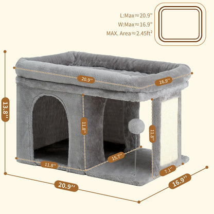 Heybly Cat Tree, 14" Cat Tower with Large Cat Bed & Condo HCT203SW | Cat Furniture for Indoor Cats Large Adult, Cat House with Scratching Posts and Spring Balls for Kittens, Light Gray7