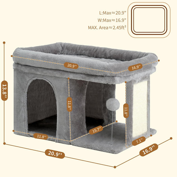 Heybly Cat Tree, 14" Cat Tower with Large Cat Bed & Condo HCT203SW | Cat Furniture for Indoor Cats Large Adult, Cat House with Scratching Posts and Spring Balls for Kittens, Light Gray7
