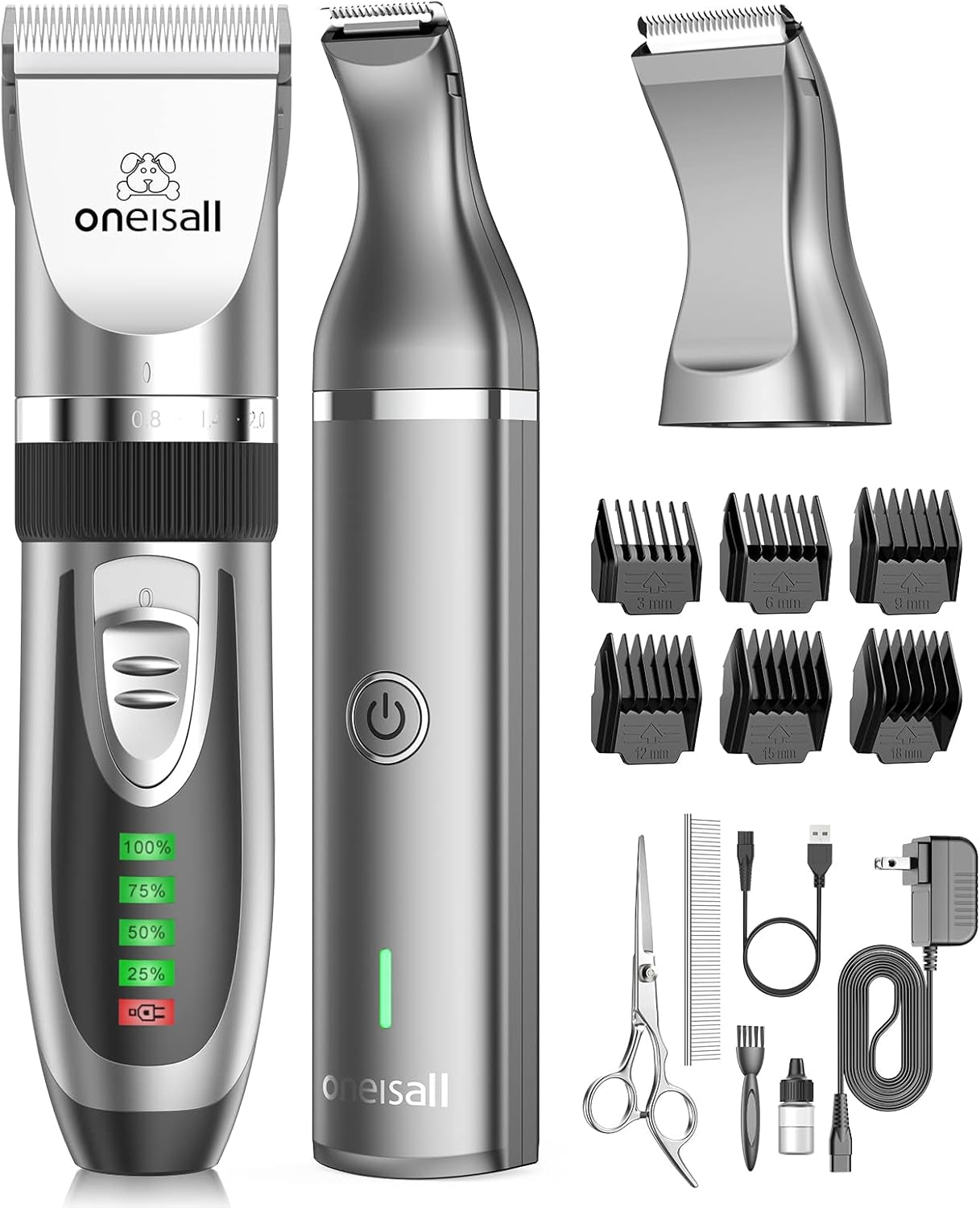oneisall-dog-clippers-and-paw-trimmer-kit-for-small-large-dogs-cats-low-noise-powerful-motor-cordless-long-battery-life-simple-for-beginners-6-guide-combs-removable-rinsable-blade