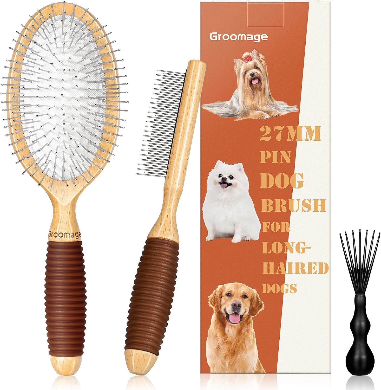 dog-brush-for-long-haired-dogs-27mm-extra-long-pin-brush-for-grooming-shedding-beech-wood-material-non-slip-rubber-handle-round-tipped-pins