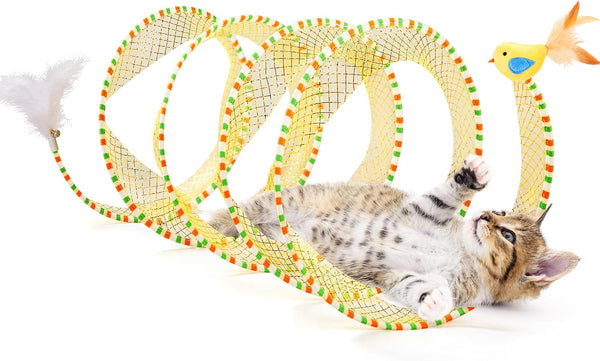 Potaroma Spiral Tunnel Cat Toy, Self Play Collapsible Spring Kitten Tunnel | for Indoor Cats, with Feather and Bell, 20 Inches Unfolded1