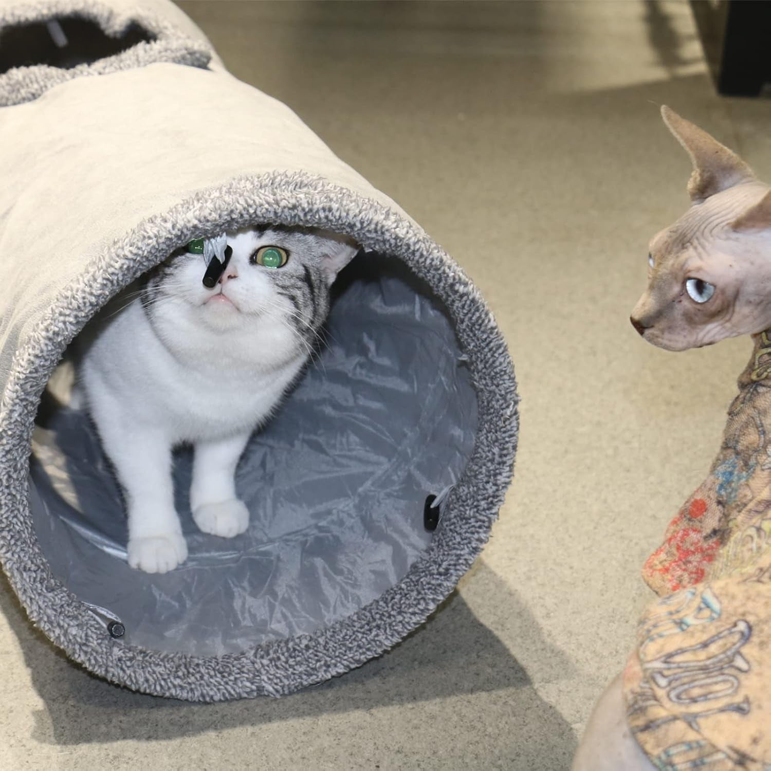 cat-tunnel-for-indoor-cats-51-12-inch-foldable-big-cat-tunnel-grey-suede-pet-tunnels-with-two-peepholes-and-a-bubble-ball