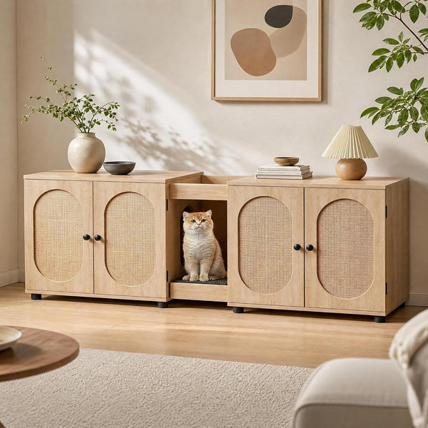 Garvee 55.1" Double Litter Box Enclosure, Boho Cat Box Furniture for 2 Cats, Cat Litter Box Furniture Hidden with Cat Scratch Pad, Large Indoor Pet House with Double Room, Wood Color | Double Room Design, Fits Most Litter Boxes, Built in Litter Mat, Double Roller Latch, Storage Cubby, Ventilated Cabinets1