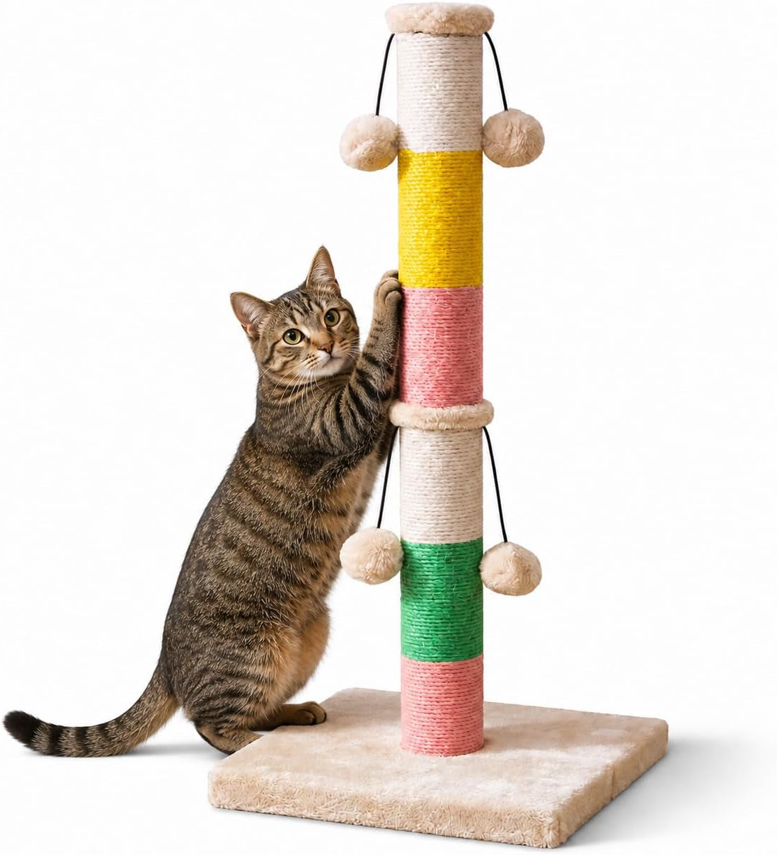 30-inch-high-cat-scratching-post-with-4-plush-teasing-toy-balls-natural-sisal-rope-post-and-thickened-base-red-green-yellow-white