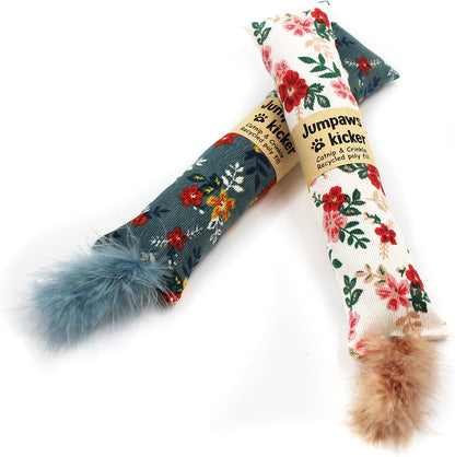 Jumpaws 2 Pack Natural Interactive Catnip & Silvervine Cat Kicker with Feathers, Bite Resistant Chew Toy, Crinkle Kicker, Accessories for Indoor Cat, Premium Corduroy Floral5