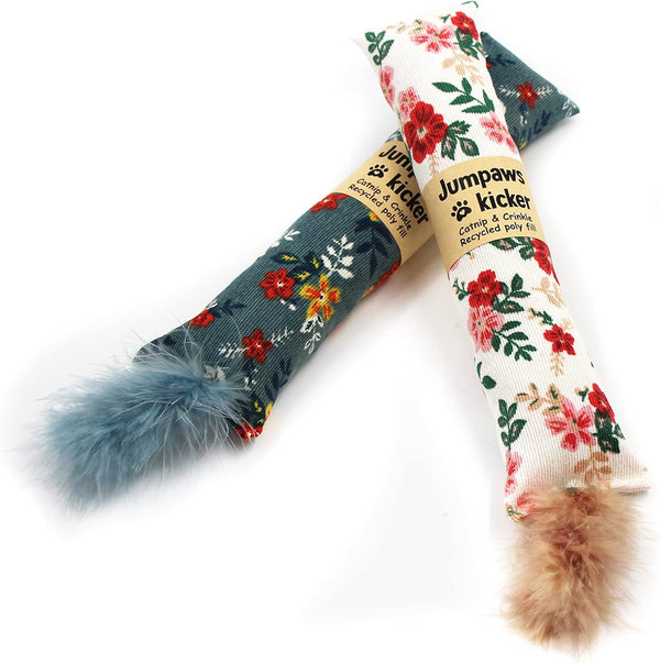 Jumpaws 2 Pack Natural Interactive Catnip & Silvervine Cat Kicker with Feathers, Bite Resistant Chew Toy, Crinkle Kicker, Accessories for Indoor Cat, Premium Corduroy Floral5