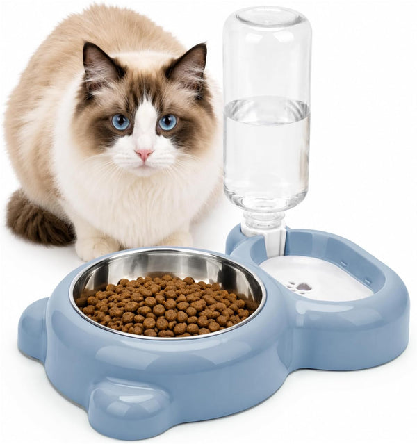 2-In-1 Dog Cat Food and Water Bowl Set with Auto-Water Dispenser, Blue | Anti-Slip & Splash Design, Easy to Clean, Stainless Steel Bowl and Safe PP Material, Suitable for Puppies and Cats1