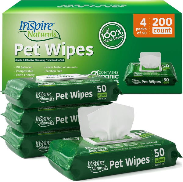 Inspire Naturals Pet Wipes for Dogs and Cats 100% Natural Plant Based with Organic Antioxidants, Dog Wipe Cleaning Deodorizing | Cat Wipes | Puppy Wipes | Dog Wipes for Paws and Butt (200Ct - 4 Pack)1