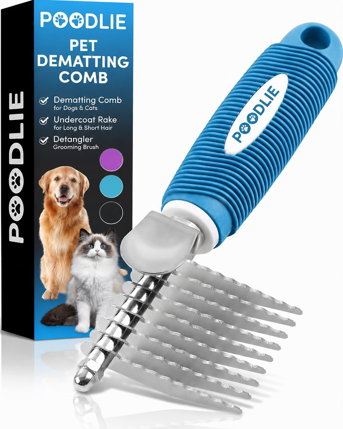 poodle-dematting-fur-rake-comb-brush-for-dogs-and-cats-long-2-5-steel-safety-blades-metal-comb-for-detangling-matted-or-knotted-undercoat-hair