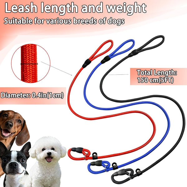 FOVRLZSE Upgraded Dog Slip Lead (3-Pack) Adjustable Nylon Lead for Dogs (Red/Black/Blue), Training Aid, Eco-Friendly Cotton Lining, Integrated Plastic Buckle,2