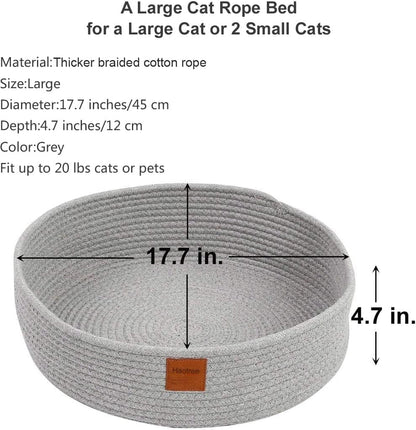 Large Cat Bed Basket round Cotton Rope Woven - Calming Rope Bed Sleep Surface 17.7 Inches(45 Cm),Cozy Scratching Indoor Pet Bed for a Large Cat or 2 Small Cats,Fit up to 20 Lbs Pets,Washable,Grey2