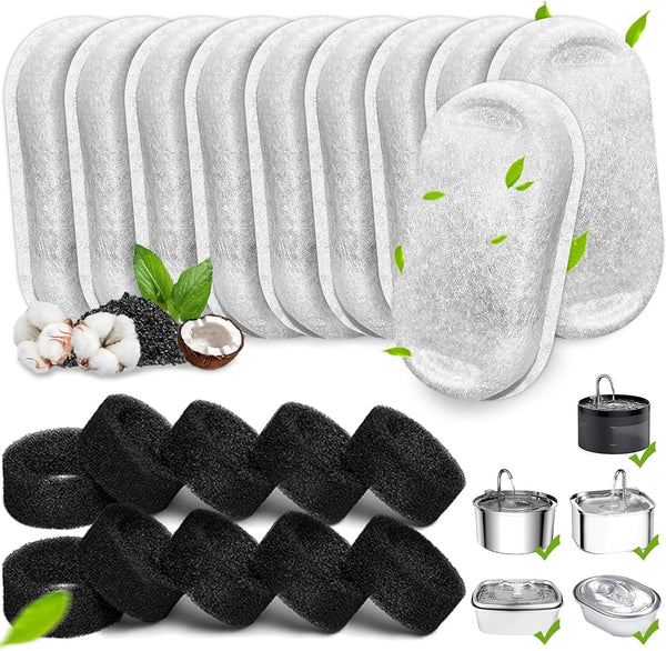 Cat Water Fountain Filters, 20Pack Cat Fountain Replacement Filters for Stainless Steel 108Oz/3.2L& 67Oz/2L Adjustable Water Flow Pet Water Fountain,Dog Water Fountain Filters（10 Filters& 10 Sponges)1