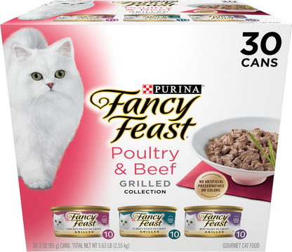 Purina Fancy Feast Grilled Wet Cat Food, Poultry & Beef, 3 Oz Cans, 30-Pack | Variety Pack, Tender Grilled Texture Made with No Artificial Colors or Preservatives, 100 Percent Complete and Balanced1