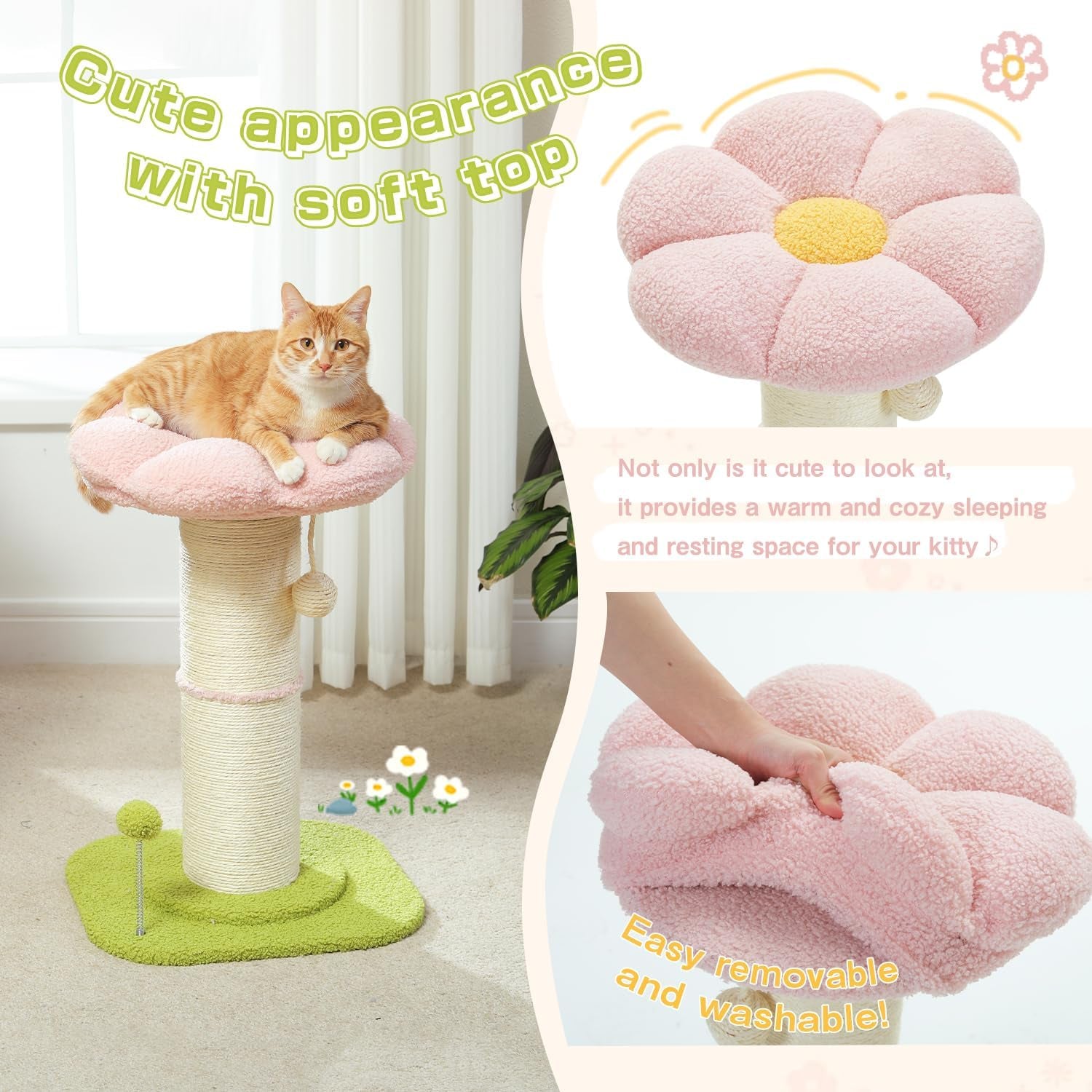 pequlti-flower-cat-scratching-post-super-thick-5-5in-sisal-post-pink-small-cat-kitten-scratcher-removable-flower-bed-sisal-spring-ball-enlarged-double-base-cute-pink-flower-cat-tree