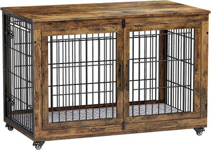 Medium Dog Crate Furniture, 32'' Heavy Duty Kennel W/Cushion & Wheels | Grey, Double Doors, Wooden Dog Cage, Chew-Resistant, End Table, Decorative, 27"/32"/38"/44" Options, Indoor13