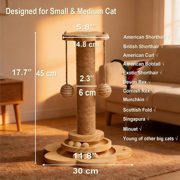 Wooden Cat Scratching Post, 4 in 1 Cat Scratcher Kitten Toys | 17.7" Tall Sisal Post for Indoor Cat with Two-Laye Wooden Ball Track, Ideal for Small Medium Cat4