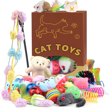 QUOZUO 30 Pcs Cat Toy Kitten Toys Set, Interactive Cat Toy Wand Cat Springs Ball Toy with Bells, Cat Toys for Bored Indoor Cats, Gift Box Styles1
