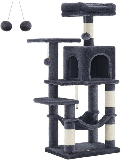 Feandrea Cat Tree, 59.5-Inch Tall Cat Tower, Plush Multi-Level Condo with 5 Scratching Posts, 2 Perches, 2 Caves, Hammock, 2 Pompoms, Light Gray UPCT192W0113