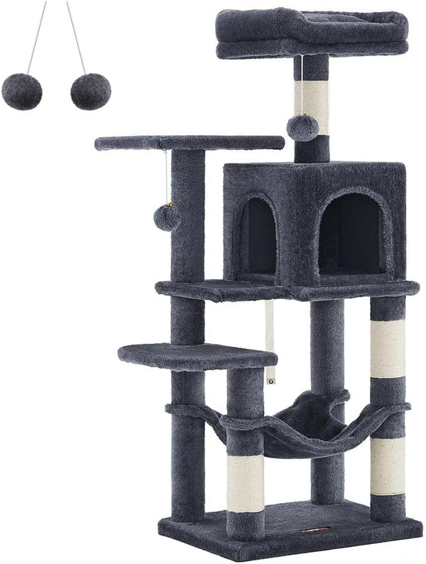 Feandrea Cat Tree, 59.5-Inch Tall Cat Tower, Plush Multi-Level Condo with 5 Scratching Posts, 2 Perches, 2 Caves, Hammock, 2 Pompoms, Light Gray UPCT192W0113