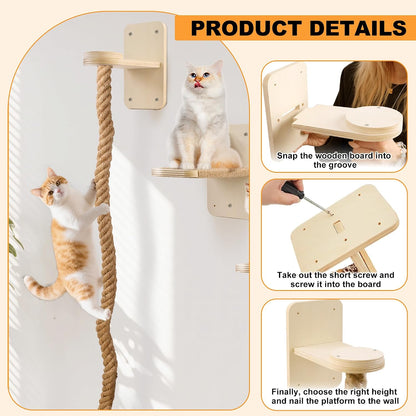 Cat Wall Shelves with 2 X 60 Inch Climbing Rope, Wall Mounted Cat Tree | with Scratching Post Kitten Rope Ladder with Jumping Platform Wall Steps for Playing and Rest4