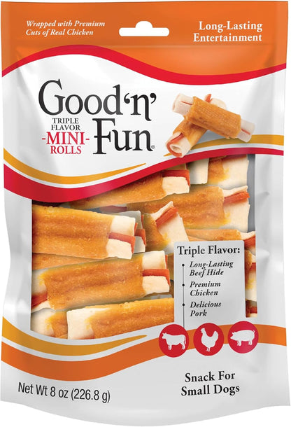 GOOD 'N' FUN Mini Rolls Long-Lasting Treat for Small Dogs, with Real Proteins, Beef Hide and Premium Chicken, Supports Dental Health, Mental Stimulation, 8 Oz1