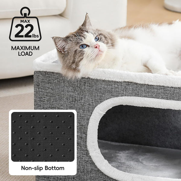 Cat Houses for Indoor Cats, Large Covered Cat Cave Beds & Furniture with Scratch Pad and Fluffy Ball,Foldable Cat Hideaway for Kitten,16X16X13 Inches, Grey2