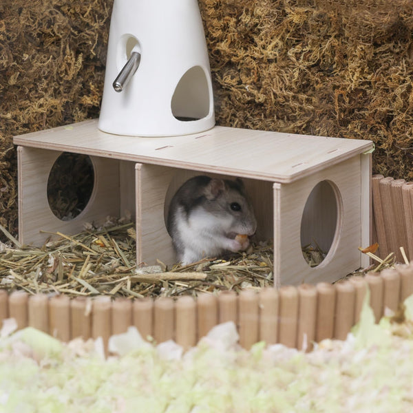 Hamster Peep Tunnel, 2-Chamber Wooden Hamster Hideout, Water-Resistant Platform for Dwarf Hamsters and Small Pets, 8.3" X 4.3" X 3.1"2