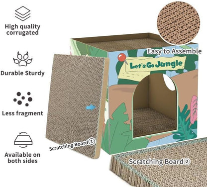 CHICHIPAWS Cardboard Cat Scratcher House with 2 Scratch Boards – Peekaboo Cave & Hideaway, Playhouse for Indoor Pets, Corrugated Scratching Cube for Kittens, Rest Box Bed with Catnip, Durable Fun3