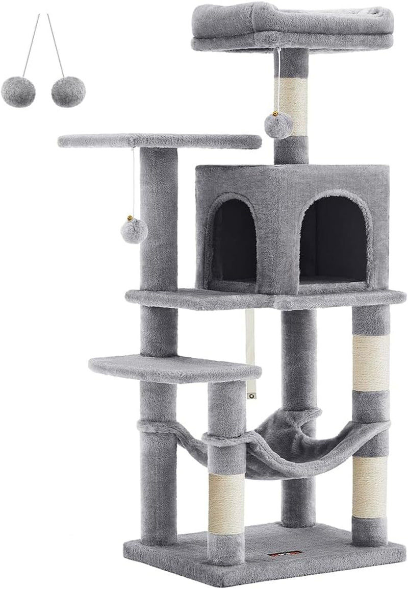 feandrea-cat-tree-59-5-inch-tall-cat-tower-plush-multi-level-condo-with-5-scratching-posts-2-perches-2-caves-hammock-2-pompoms-light-gray-upct192w01