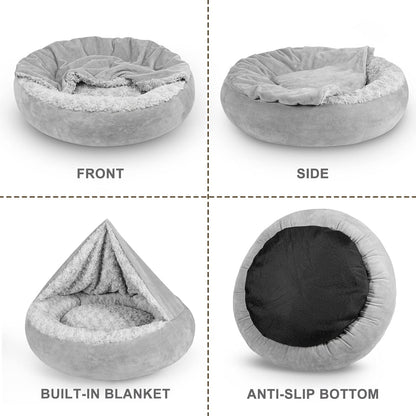 JOEJOY Small Dog Bed Cat Bed with Hooded Blanket, Cozy Cuddler Luxury Puppy Pet Bed, Donut round Calming Anti-Anxiety Dog Burrow Cave Bed - Anti-Slip Bottom and Machine Washable 23 Inch8