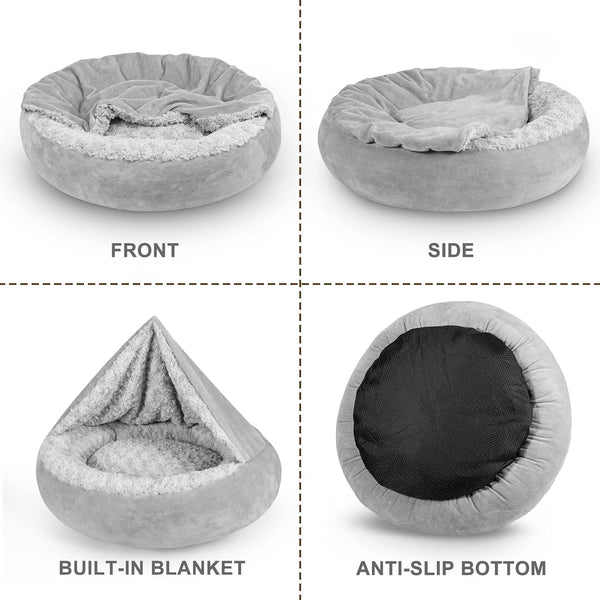 JOEJOY Small Dog Bed Cat Bed with Hooded Blanket, Cozy Cuddler Luxury Puppy Pet Bed, Donut round Calming Anti-Anxiety Dog Burrow Cave Bed - Anti-Slip Bottom and Machine Washable 23 Inch8