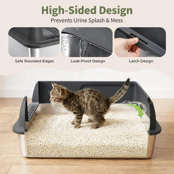 Gimars 2 Pack XL Stainless Steel Cat Litter Box for Big & Senior Cats, Multi-Cat Metal Litter Pan with High Sides, Odor-Resistant & Easy Clean, Includes Litter Scoop, Litter Mat & Anti-Slip Pads2