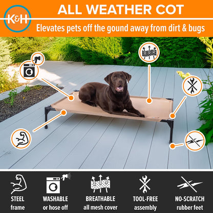 K&H Outdoor Elevated Dog Bed - Cooling Raised Dog Bed for Medium & Large Pets, Breathable Mesh Hammock Design, Indoor/Outdoor Washable Cover, Portable Metal Frame, Tan, Large 42X30In2