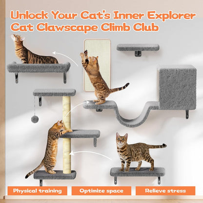 Cat Wall Shelves for Large Cats, Stable & Safe Kitty Walls Furniture Set for 40LBS Cats with Wooden Cat Climber,House, Bridge, Tree, Steps, and Scratcher for 16 Inch Drywall (Grey, 5-In-1)4